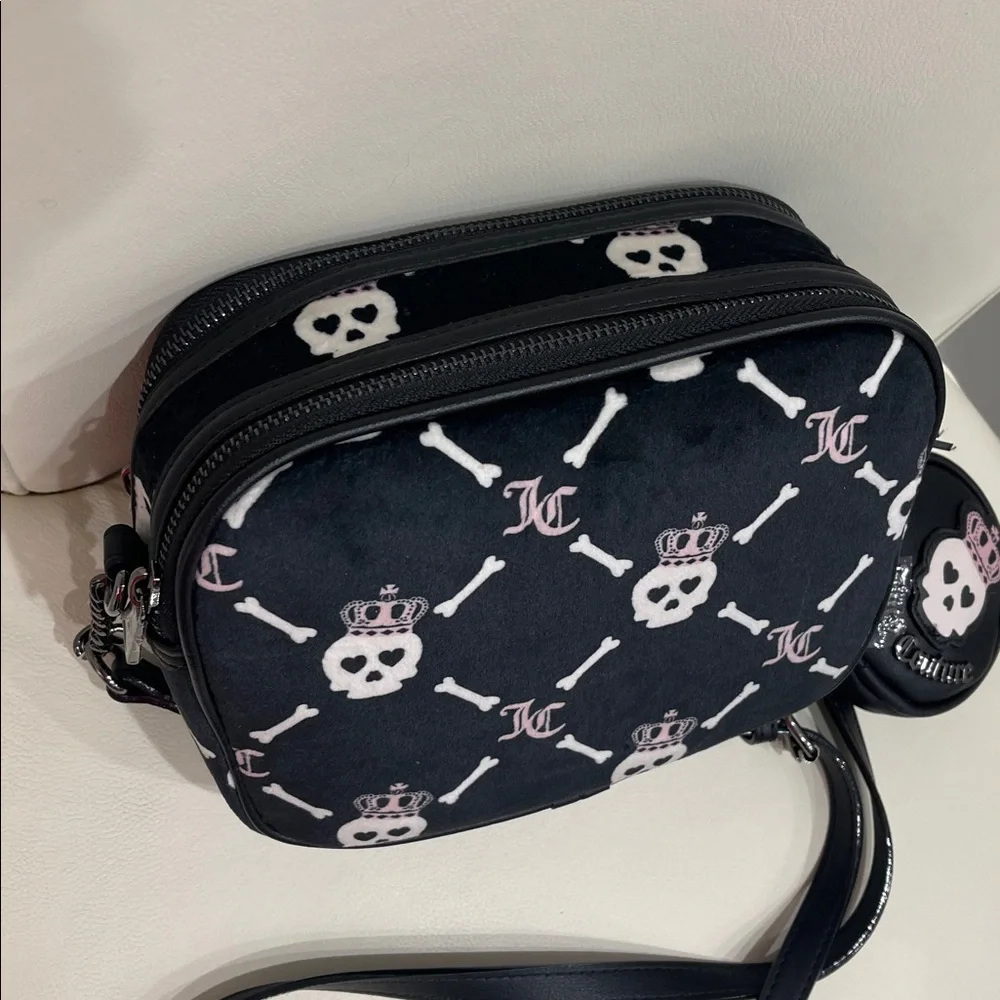 Juicy Couture Black/Pink/White Skull & Crossbones Haunted Couture Crossbody Bag